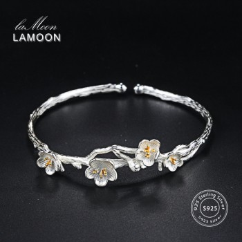 LAMOON Wiredrawing 2 Colors Plum Flower S925 Bracelet amp; Bangle 925 Sterling Silver Fine Jewelry for Women Anti Allergy LMHY006