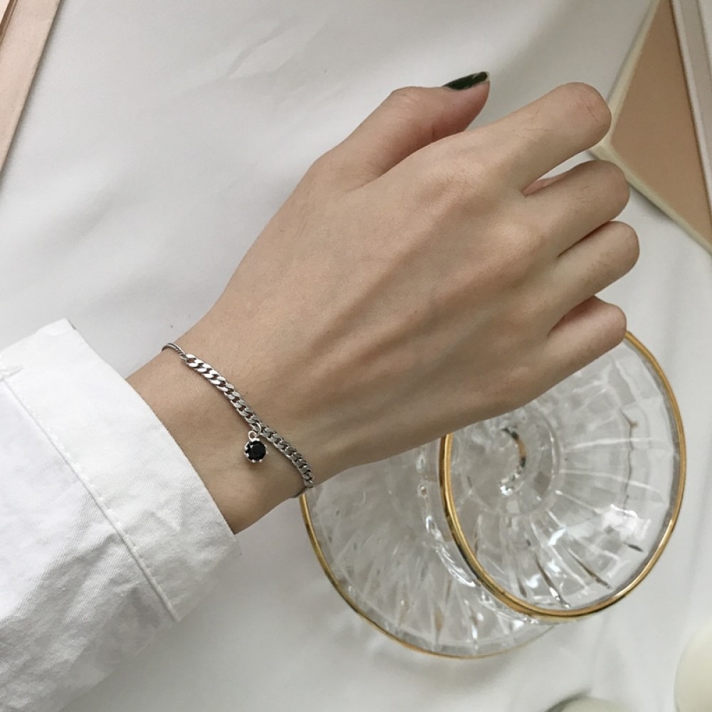 925 sterling silver zircon vintage bracelets silver rude chain black zircon charms bracelets for women girl silver 925 jewelry