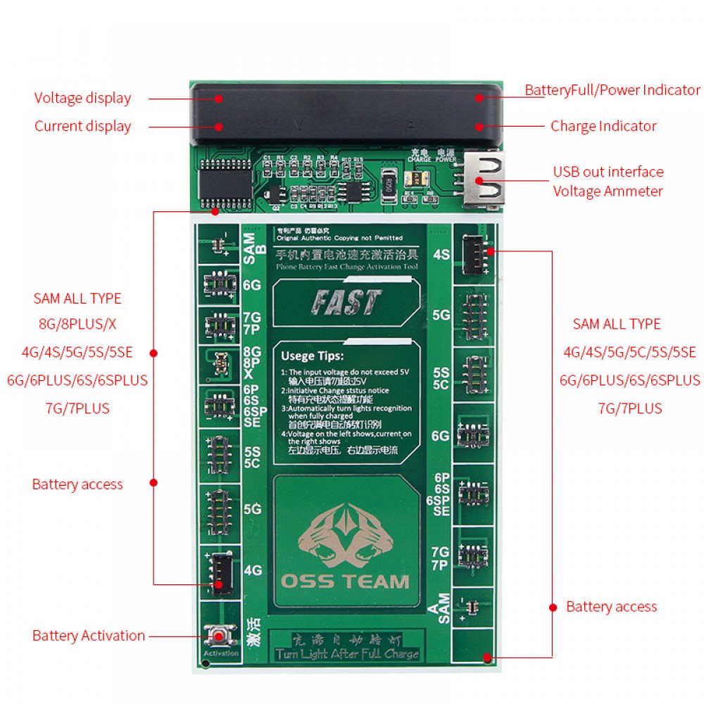 W208A+ Smartphone Battery Fast Charging and Activated Board 2 in 1 Test Cable For iPhone X 7 6 6s Plus 5 5s 5c SE 4 4s