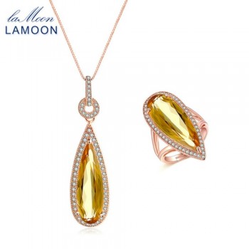 LAMOON Luxury 925-Sterling-Silver 4PCS Jewelry Sets Natural Big Citrine S925 Fine Jewellery for Women Wedding Gift V047-1