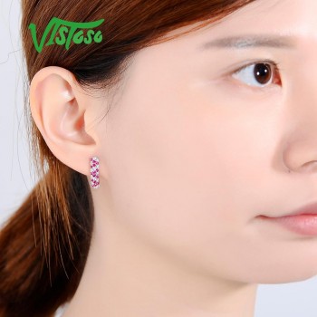 VISTOSO Jewelry Sets For Woman Red Spinels White CZ Stones Jewelry Set Earrings Ring 925 Sterling Silver Fashion Fine Jewelry