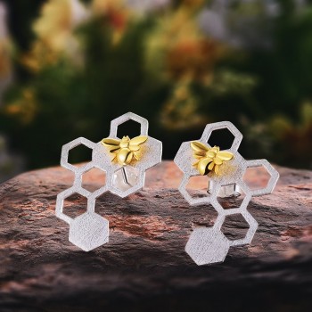 Lotus Fun Real 925 Sterling Silver Handmade Fine Jewelry Honeycomb Home Guard Jewelry Set with Ring Earring Pendant Necklace
