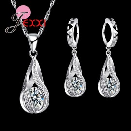Jemmin 925 Sterling Silver Classic Drop Shape White Crystal Jewelry Sets Water Wave Necklace Pendant Hoop Earrings