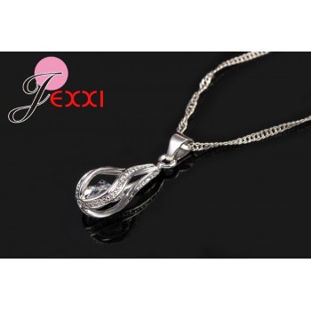 Jemmin 925 Sterling Silver Classic Drop Shape White Crystal Jewelry Sets Water Wave Necklace Pendant Hoop Earrings