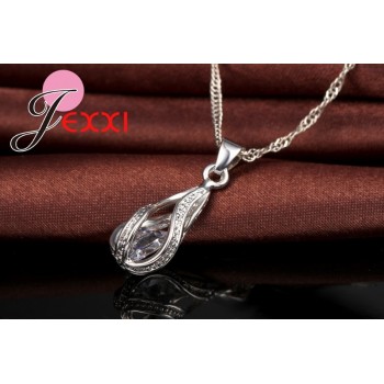 Jemmin 925 Sterling Silver Classic Drop Shape White Crystal Jewelry Sets Water Wave Necklace Pendant Hoop Earrings