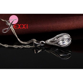 Jemmin 925 Sterling Silver Classic Drop Shape White Crystal Jewelry Sets Water Wave Necklace Pendant Hoop Earrings