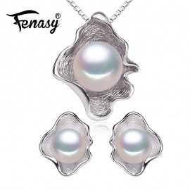 FENASY Freshwater Pearl Jewelry Sets S925 Sterling Silver Natural Pearl Fashion Geometric Shell Design Necklace Earrings In Box