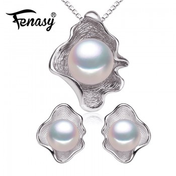 FENASY Freshwater Pearl Jewelry Sets S925 Sterling Silver Natural Pearl Fashion Geometric Shell Design Necklace Earrings In Box