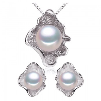 FENASY Freshwater Pearl Jewelry Sets S925 Sterling Silver Natural Pearl Fashion Geometric Shell Design Necklace Earrings In Box
