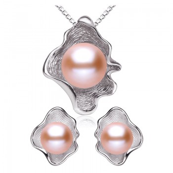 FENASY Freshwater Pearl Jewelry Sets S925 Sterling Silver Natural Pearl Fashion Geometric Shell Design Necklace Earrings In Box