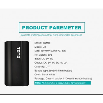 TOMO D2 Smart Power Charger 5V 2A Power Bank Case 2 X 26650 Li-ion Battery Portable DIY Powerbank Box Charger For 26650 Battery