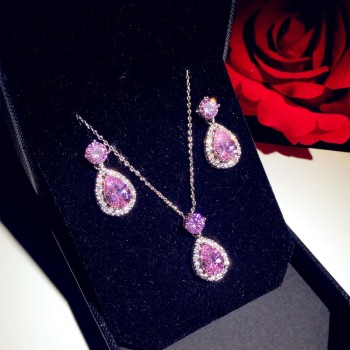 Set Jewelry For Women Solid 925 Silver Pink Cubic Zirconia Drop Earrings Necklaces Pendants 2PCS Sets Temperament Luxury Bijoux