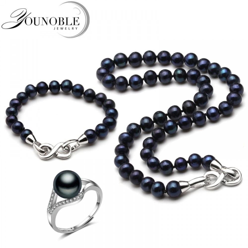 Real wedding black pearl jewelry set women,bridal 925 sterling silver bracelet ring bridal jewelry black pearl necklace sets
