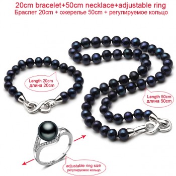 Real wedding black pearl jewelry set women,bridal 925 sterling silver bracelet ring bridal jewelry black pearl necklace sets