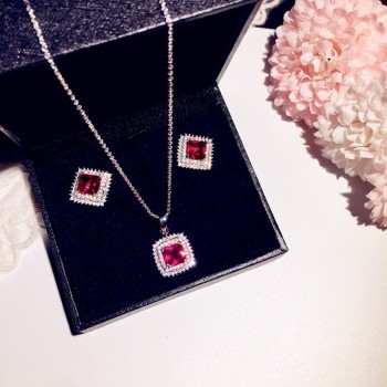 Fine Jewelry Sets For Women S925 Silver Red Cubic Zirconia Stone Stud Earrings Necklaces Pendants Temperament Clavicular Chain