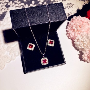 Fine Jewelry Sets For Women S925 Silver Red Cubic Zirconia Stone Stud Earrings Necklaces Pendants Temperament Clavicular Chain
