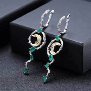 GEMS BALLET 925 Sterling Silver Vintage Gothic Jewelry Natural Green Agate Gemstone Earrings Ring Set For Women Fine Jewelry