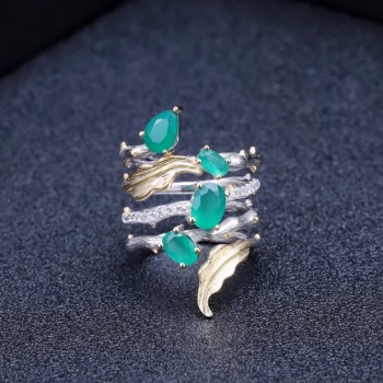 GEMS BALLET 925 Sterling Silver Vintage Gothic Jewelry Natural Green Agate Gemstone Earrings Ring Set For Women Fine Jewelry