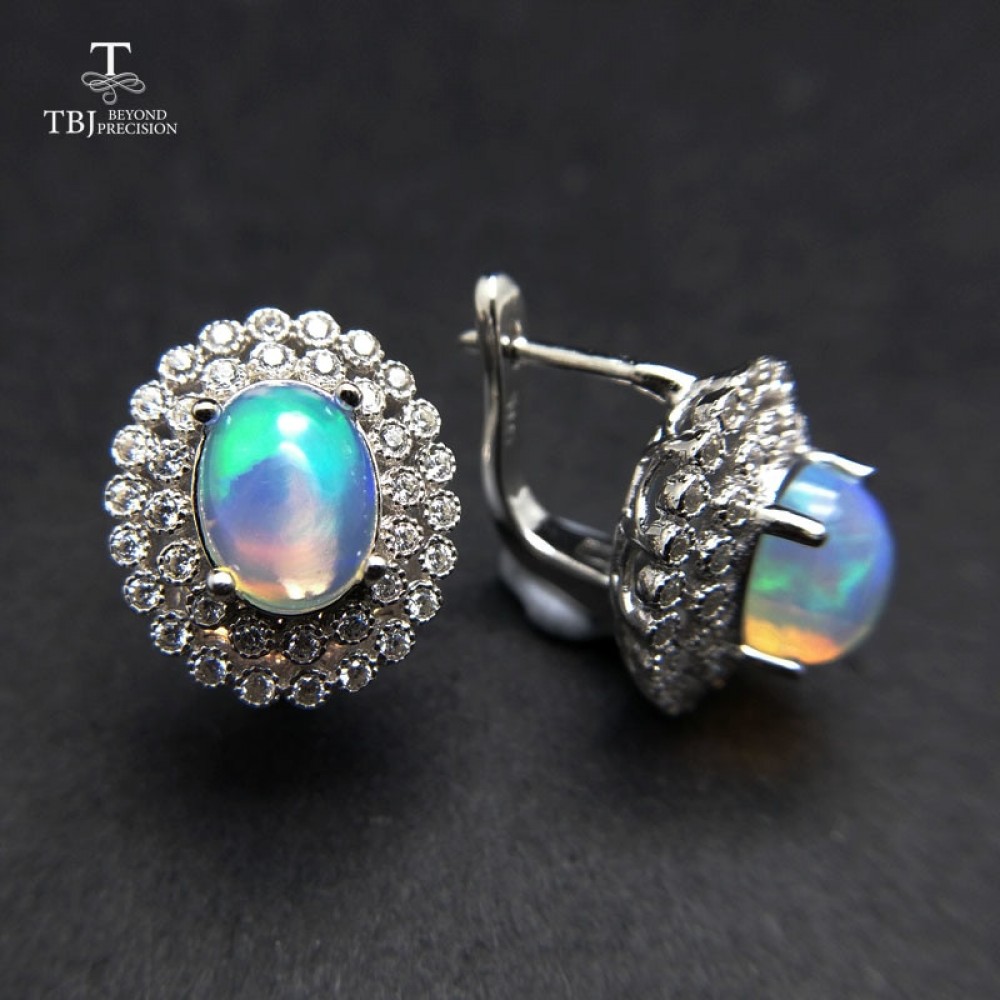 TBJ,good Clasp earring with Natural ethiopian opal gemstone classic dianna in 925 sterling silver jewelry for women as best gift