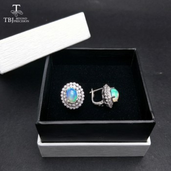 TBJ,good Clasp earring with Natural ethiopian opal gemstone classic dianna in 925 sterling silver jewelry for women as best gift