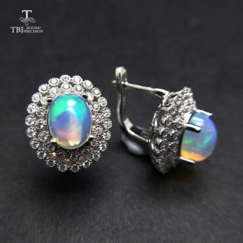 TBJ,good Clasp earring with Natural ethiopian opal gemstone classic dianna in 925 sterling silver jewelry for women as best gift