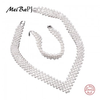 MeiBaPJ Luxurious Bridal Necklace Natural Freshwater Pearl Beads Jewelry Set With 925 Sterling Silver Clasp Wedding TZ-132Y