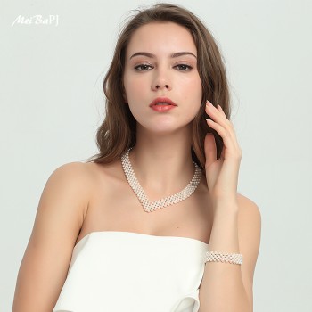 MeiBaPJ Luxurious Bridal Necklace Natural Freshwater Pearl Beads Jewelry Set With 925 Sterling Silver Clasp Wedding TZ-132Y