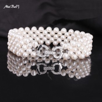 MeiBaPJ Luxurious Bridal Necklace Natural Freshwater Pearl Beads Jewelry Set With 925 Sterling Silver Clasp Wedding TZ-132Y