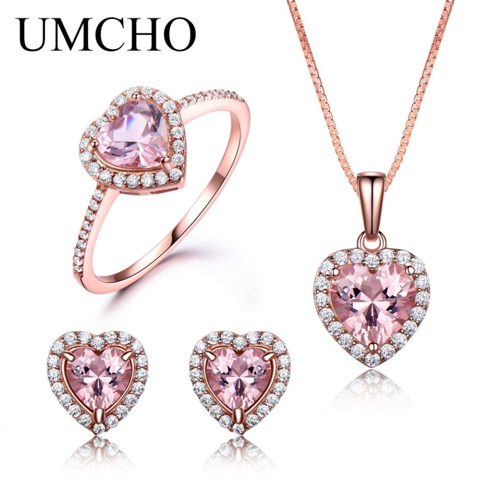 UMCHO 925 Sterling Silver Jewelry Set For Women Romantic Heart Morganite Pendant Stud Earrings Party Valentines  Fine Jewelry