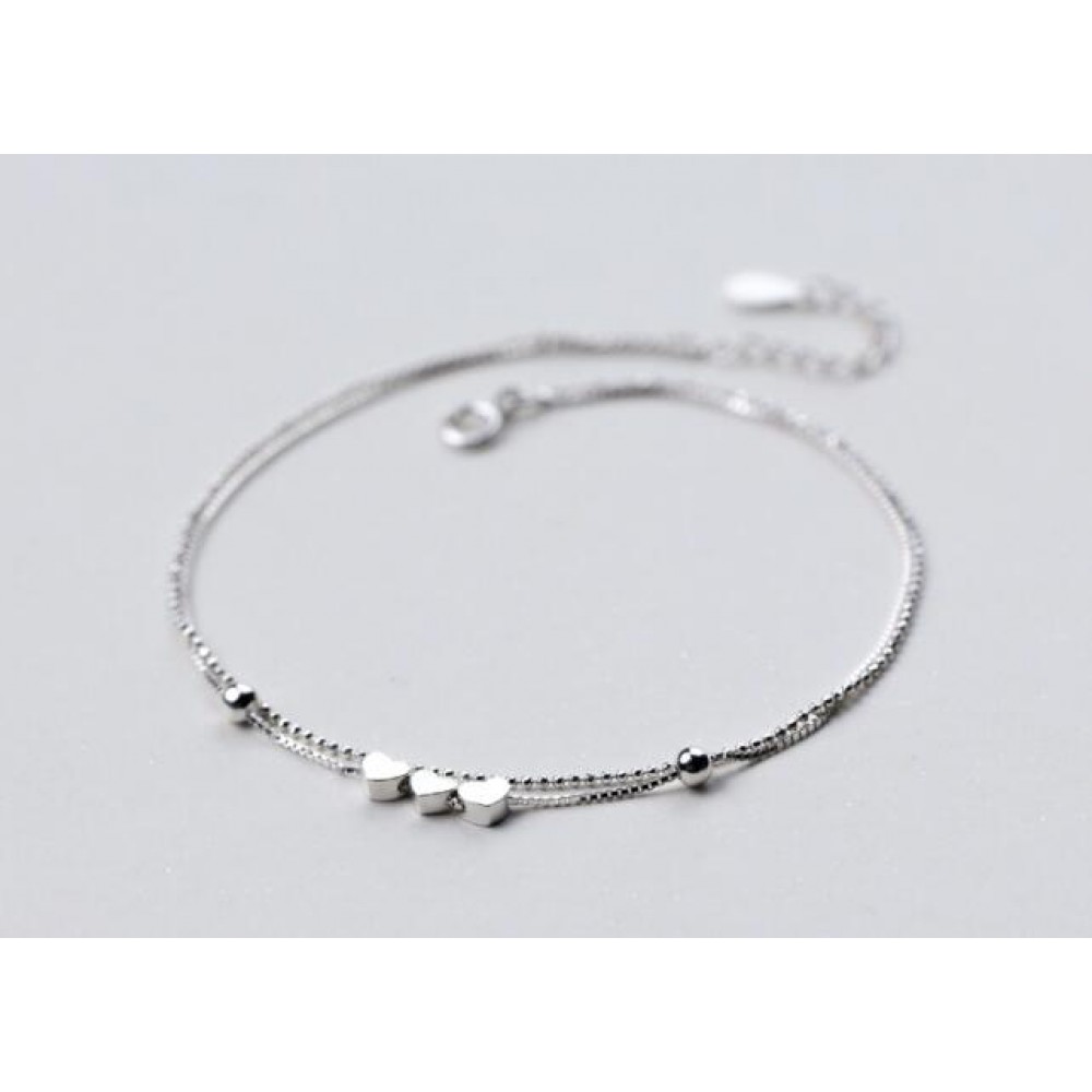 1pc 100% real. 925 Sterling silver Fine Jewelry Multi-Layers /Double Rows 3-Heart amp; Beads Anklet  Bracelet GTLS548