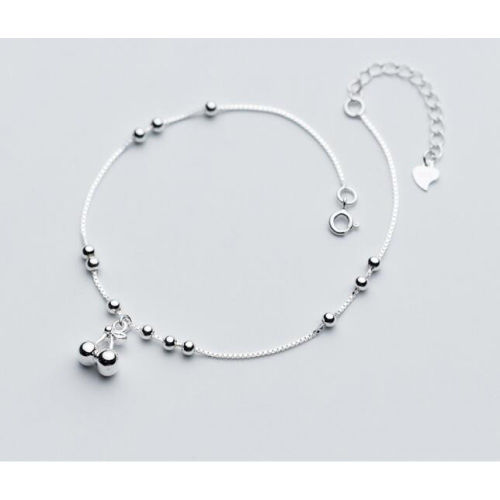 1pc 100% Real. 925 Sterling Silver Fine Jewelry Round Beads amp;Silver Cherry Anklet Bracelet  GTLS588