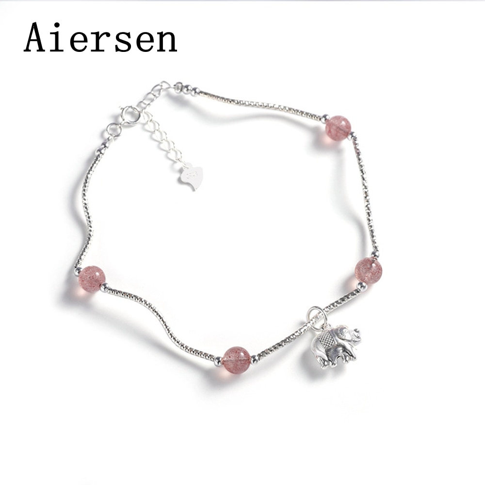 Aiersen New Women Anklets Strawberry Quartz Real S925 Sterling Silver Elephant Pendant Anklets for Girl Cavigliera Argento 925