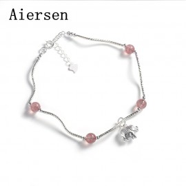 Aiersen New Women Anklets Strawberry Quartz Real S925 Sterling Silver Elephant Pendant Anklets for Girl Cavigliera Argento 925