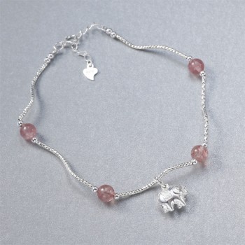 Aiersen New Women Anklets Strawberry Quartz Real S925 Sterling Silver Elephant Pendant Anklets for Girl Cavigliera Argento 925