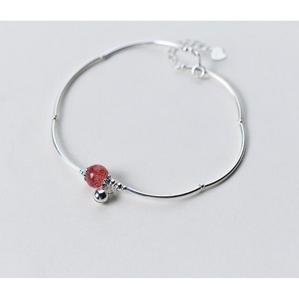 100% Real. 925 Sterling Silver Jewelry Round Natural Strawberry Quartz Stone amp; Ball Bangle Anklet Bracelet Adjustable GTLS438