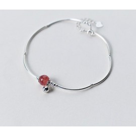 100% Real. 925 Sterling Silver Jewelry Round Natural Strawberry Quartz Stone amp; Ball Bangle Anklet Bracelet Adjustable GTLS438