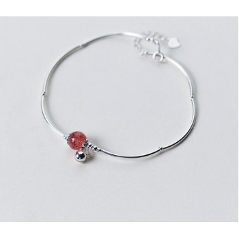 100% Real. 925 Sterling Silver Jewelry Round Natural Strawberry Quartz Stone amp; Ball Bangle Anklet Bracelet Adjustable GTLS438