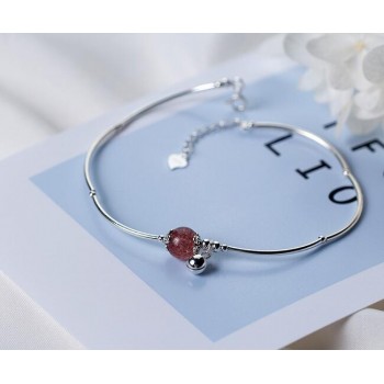 100% Real. 925 Sterling Silver Jewelry Round Natural Strawberry Quartz Stone amp; Ball Bangle Anklet Bracelet Adjustable GTLS438