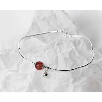 100% Real. 925 Sterling Silver Jewelry Round Natural Strawberry Quartz Stone amp; Ball Bangle Anklet Bracelet Adjustable GTLS438