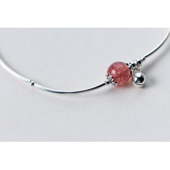100% Real. 925 Sterling Silver Jewelry Round Natural Strawberry Quartz Stone amp; Ball Bangle Anklet Bracelet Adjustable GTLS438