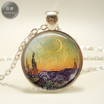 Van Gogh Monet Klimts Paintings Necklace Art Picture Print Glass Pendants Silver Color Chain Necklace Fashion Jewelry for Women
