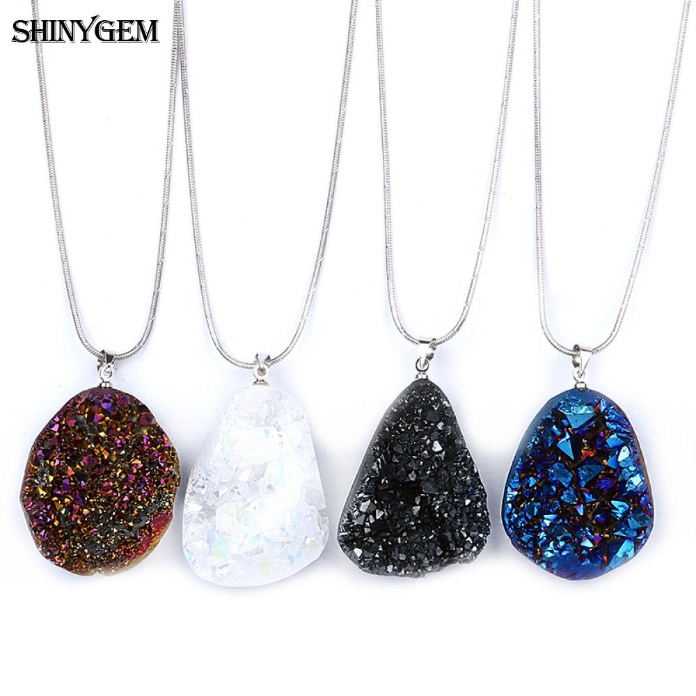 ShinyGem DIY Irregular Crystal Opal Pendant Necklace Stainless Steel Druzy Necklace Chakra Big Natural Stone Necklaces For Women