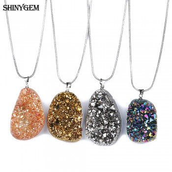 ShinyGem DIY Irregular Crystal Opal Pendant Necklace Stainless Steel Druzy Necklace Chakra Big Natural Stone Necklaces For Women