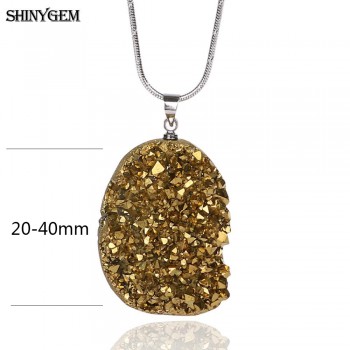 ShinyGem DIY Irregular Crystal Opal Pendant Necklace Stainless Steel Druzy Necklace Chakra Big Natural Stone Necklaces For Women