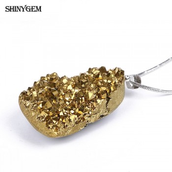 ShinyGem DIY Irregular Crystal Opal Pendant Necklace Stainless Steel Druzy Necklace Chakra Big Natural Stone Necklaces For Women