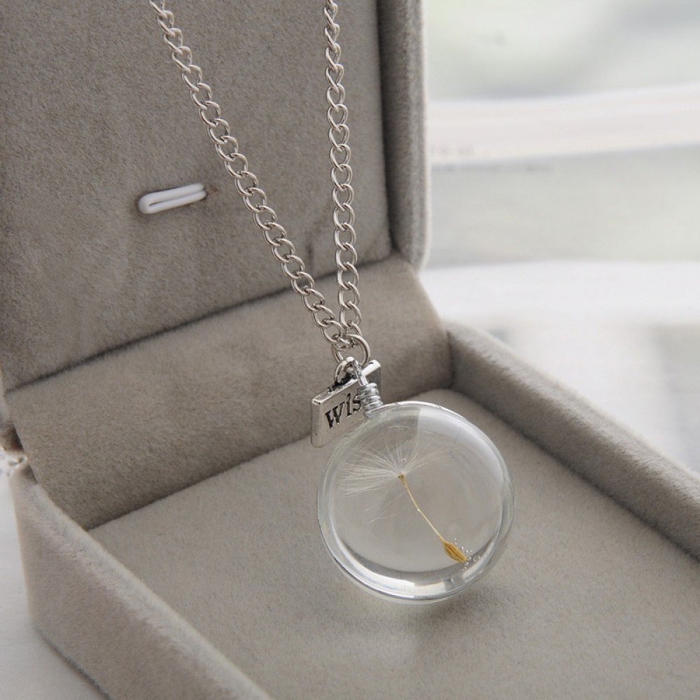 LKO Fashion Necklaces Wish Real Dandelion Crystal Necklace Glass Round Pendants Necklace Silver Chain Choker Necklace For Women