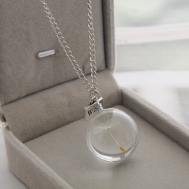 LKO Fashion Necklaces Wish Real Dandelion Crystal Necklace Glass Round Pendants Necklace Silver Chain Choker Necklace For Women