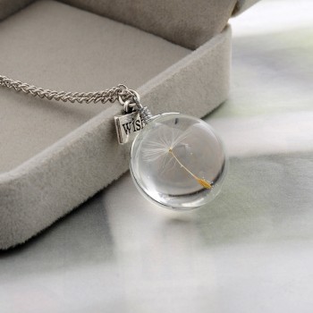 LKO Fashion Necklaces Wish Real Dandelion Crystal Necklace Glass Round Pendants Necklace Silver Chain Choker Necklace For Women