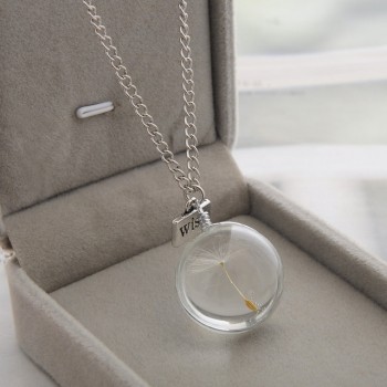 LKO Fashion Necklaces Wish Real Dandelion Crystal Necklace Glass Round Pendants Necklace Silver Chain Choker Necklace For Women