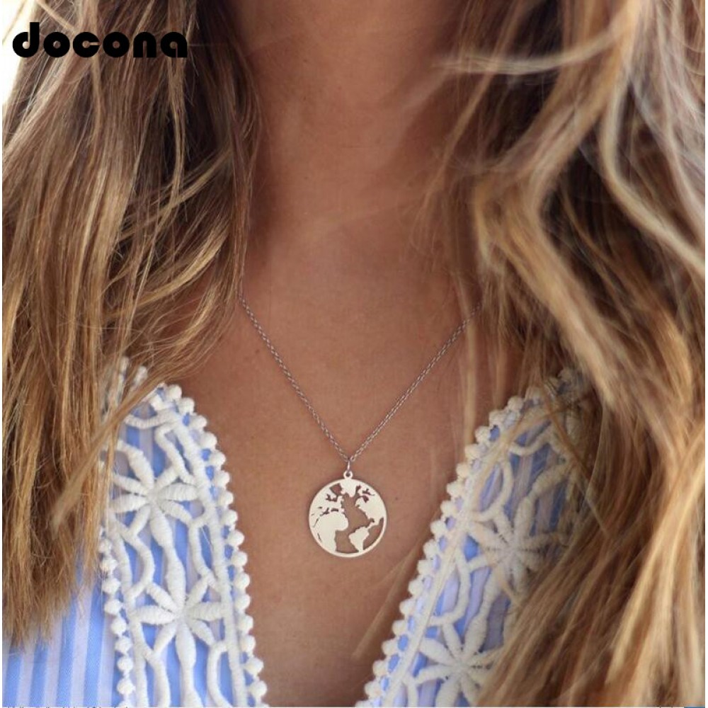 Docona Bohemian Silver Color World Map Pendant Necklace for Women Metal Earth Charms Necklaces Boho Jewelry Collars 2608